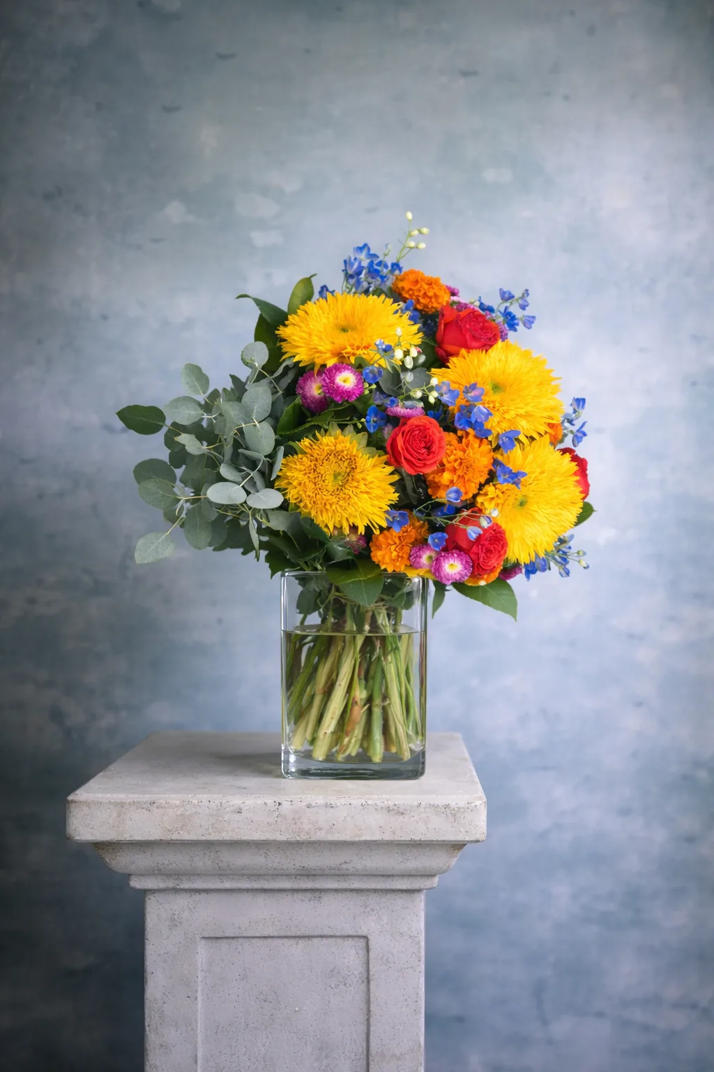 Bright and Bold in a Vase — yellow sunflower-chrysanths, orange marigolds, blue delphinium and magenta strawflowers