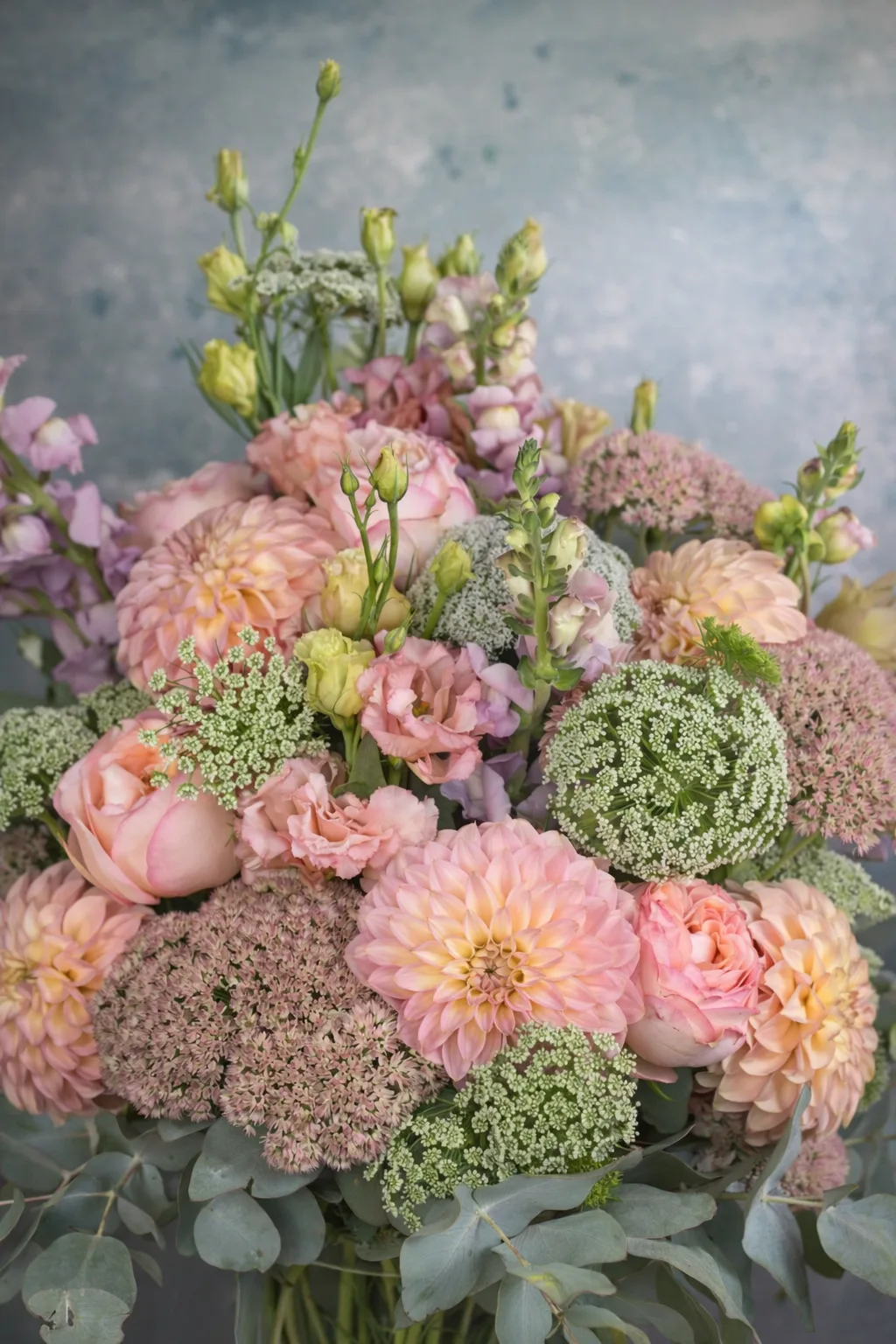 Soft and Pretty Garden Vase — peach dahlias, blush roses, lisianthus and Queen Anne's lace